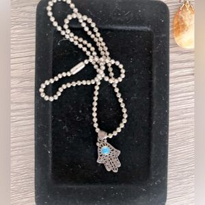 Silvered colored Hamsa on a chain w sm turquoise opal iridescent jewel necklace